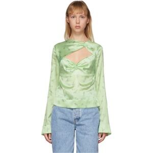 GANNI Green Silk Floral Blouse asymmetrical neck. NWT size 40. Retails $445